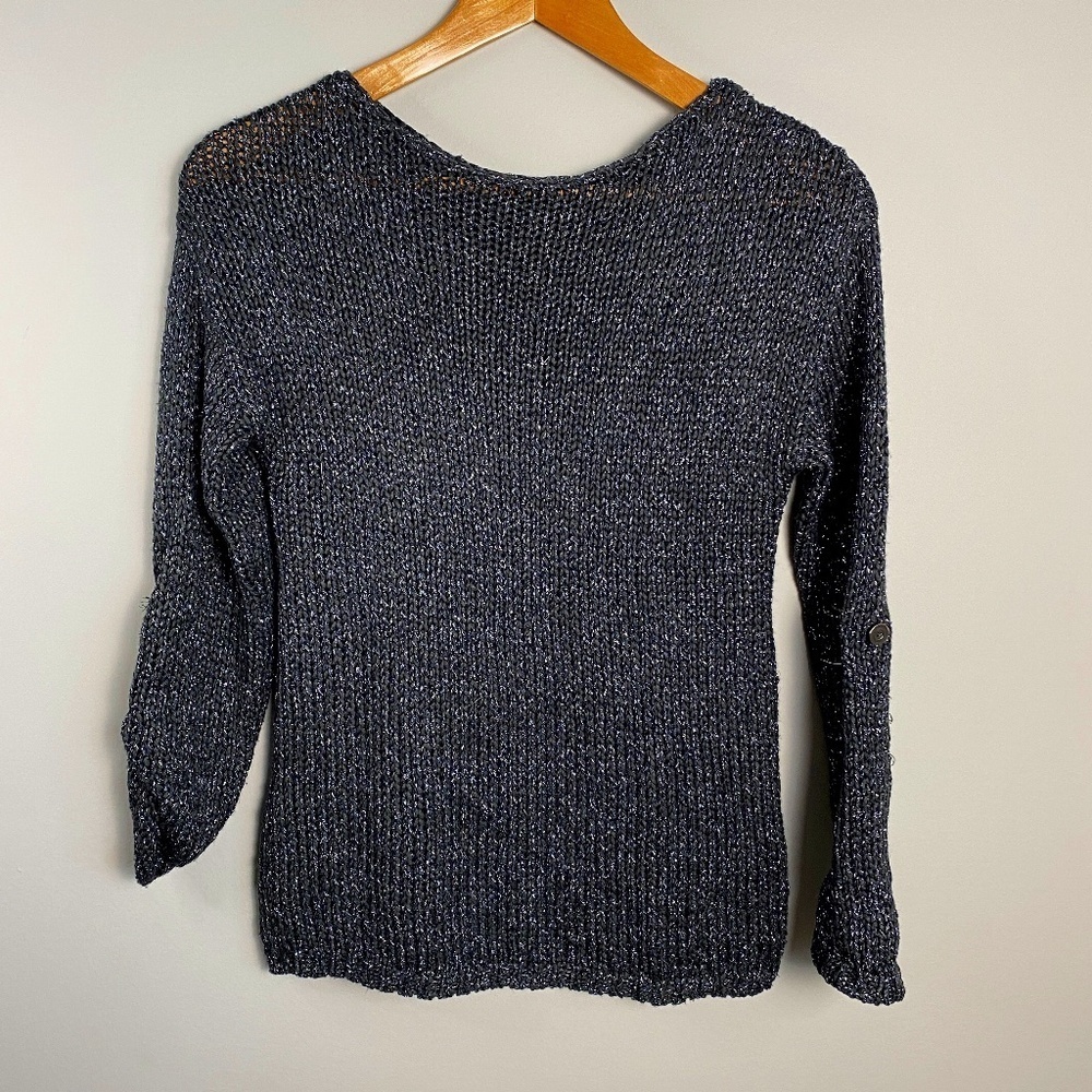 RW & Co. Women's Metallic Charcoal Long Sleeve Knit Sweater Size XS Roll-tabs